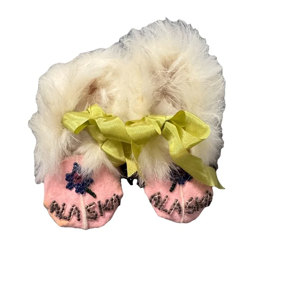 VTG Alaska Pink Baby Mukluks Shoes Beaded Rabbit Fur Trim Green Ribbon 50's-60's